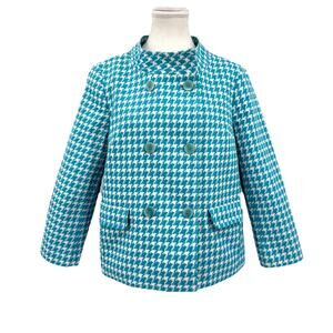 Talbots Houndstooth Double Breasted Blazer Size 10 Teal White Women's Career